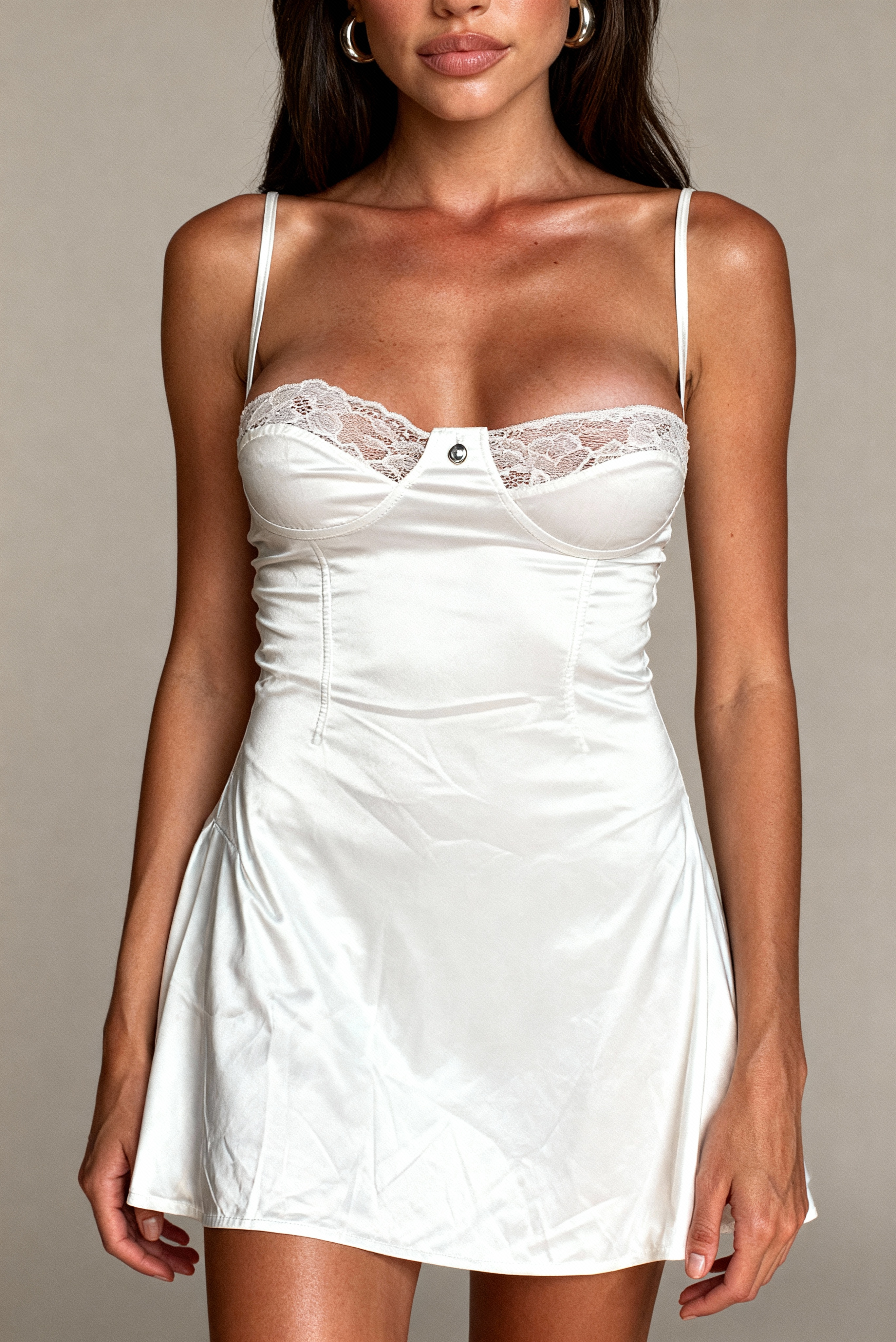 Elysian Series - White Satin & Lace Open-Back Nightdress - White