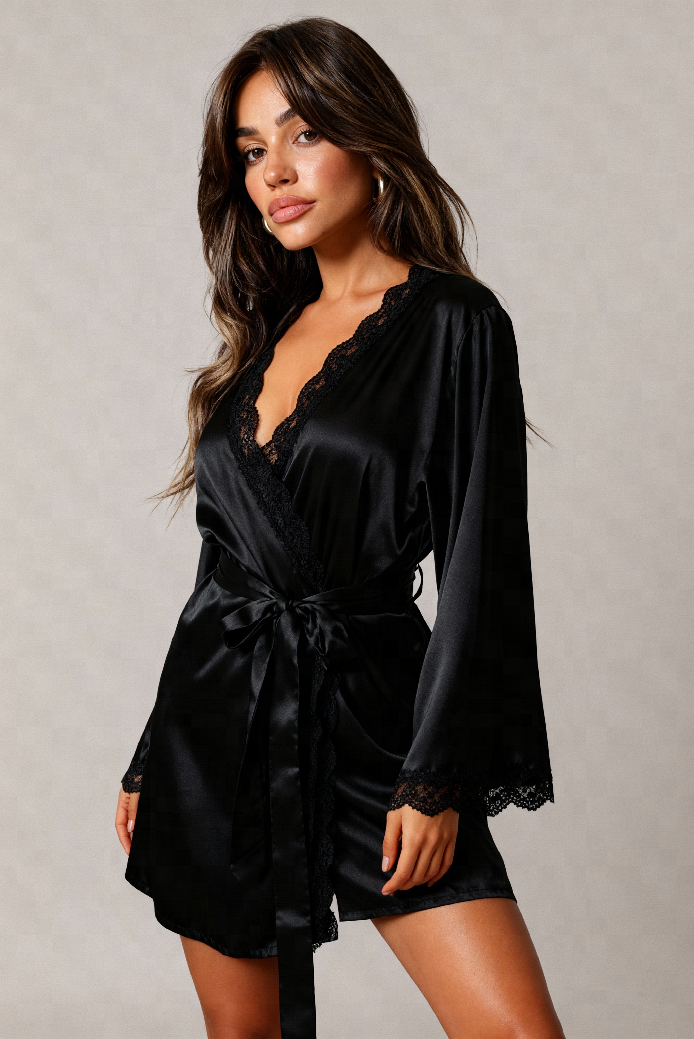 Elysian Series - Satin Robe with Lace Trim - Black