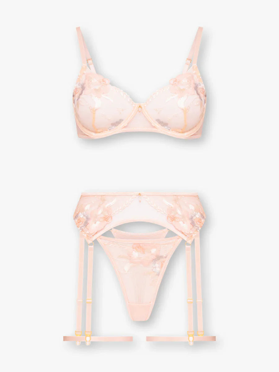 Elegance şeftali balenli çiçekli jartiyer takımı genel görünüm, şık ve dantelli iç giyim seti