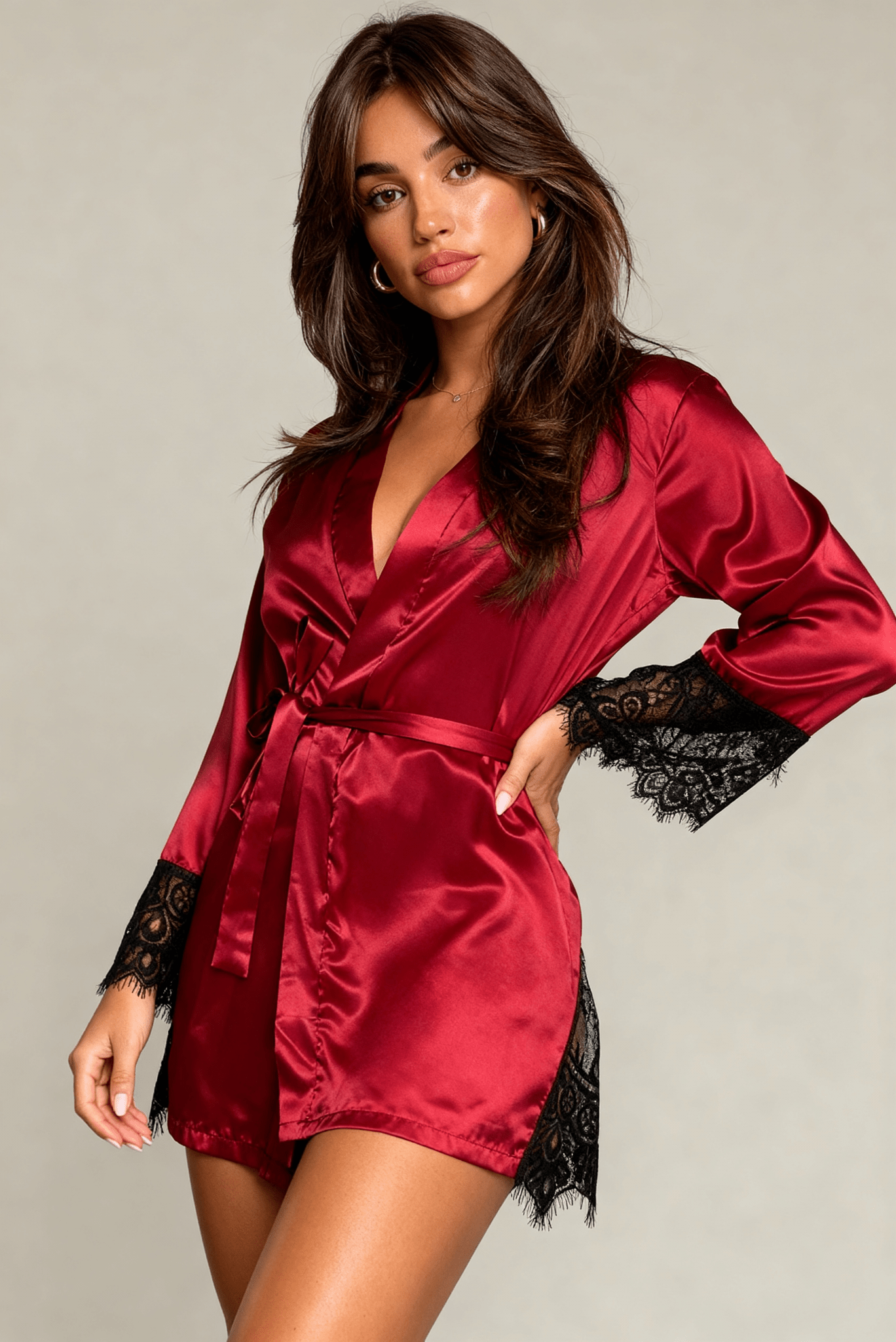 Elysian Series - Satin Robe with Black Lace Back - Red